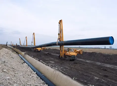 Pipeline sections being laid across open ground.