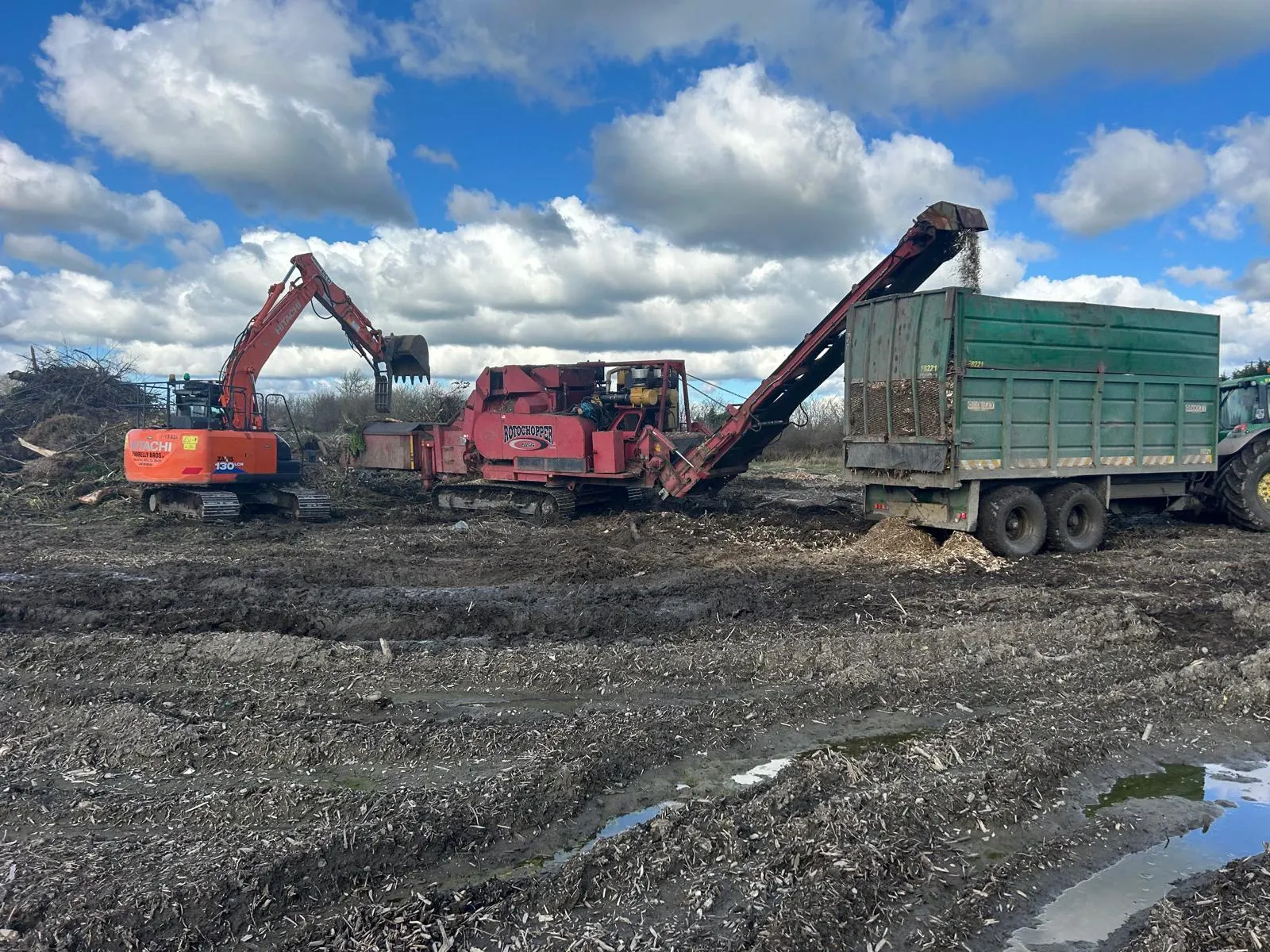 Timber being processed through a wood chipper.